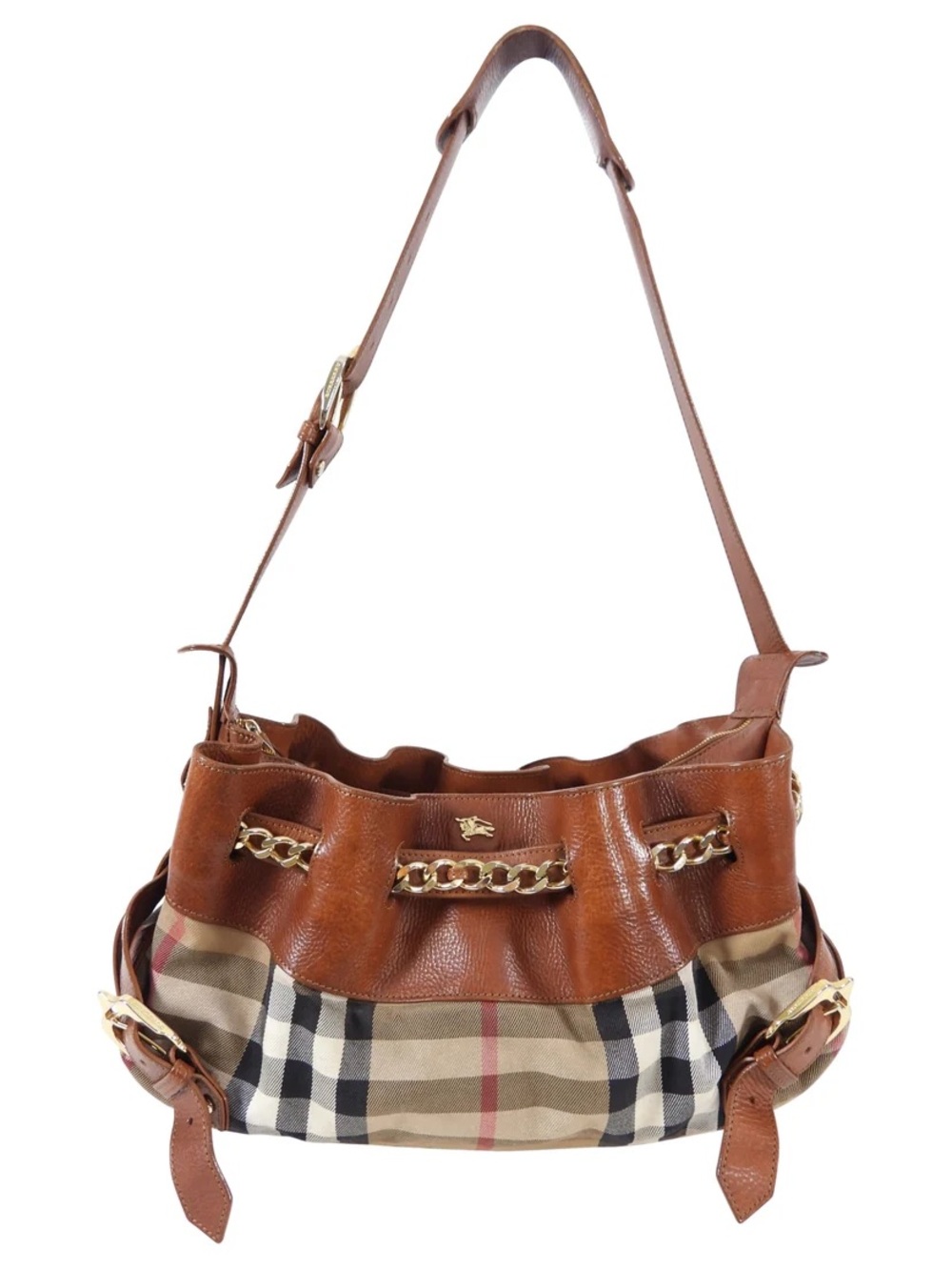 Burberry Brown Leather-Trim Plaid Shoulder Bag with Gold Chain